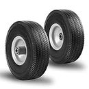 Eazy2hD 10'' Flat Heavy Duty Rubber Wheels 2-Pack Tires 4.10/3.50-4 Solid PU Run-Flat Free Tubeless Tire for 5/8'' Bearing Centered Offset Hub, Double-Sealed Ball Bearings Utility Equipment Black