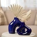 Modern Chateau and Villa Ceramic Donut Vases Set of 2 for Modern Home Décor, Glossy Finish, Boho Nordic Minimalist Style, Perfect for Pampas Grass in Offices or Living Rooms (Glossy Dark Blue)
