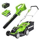 Greenworks 40V 14-Inch Cordless Lawn Mower / Axial Blower Combo Kit, 4.0Ah USB Battery (USB Hub) and Charger, CK40B410