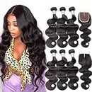 Beauty Princess Body Wave Human Hair 3 Bundles with Closure Double Weft 8A Brazilian Hair Bundles With Closure (16 18 20 with 14, Middle Part)