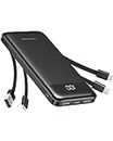 Charmast Power Bank with Built in Cable, 10000mAh USB C Battery Pack 6 Outputs 2 Inputs with LED Display Type C Powerbank Portable Charger Compatible with Smartphones Tablets and More