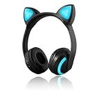 Auriculares inalámbricos Bluetooth con orejas de gato con luz LED intermitente y brillante de 7 colores, auriculares estéreo compatibles con smartphones, ordenadores y tablets