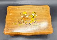 Caja de madera vintage baratija joyería caja de música obras con bisagras retro niño niña bailando 
