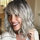 Wavy Bob Wig with Bangs Natural Ombre Silver Wig Synthetic Hair Shoulder Length Short Curly Wigs for Women Thick