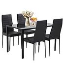 Dining Table Set 5-Piece, Glass Tabletop Kitchen Table & Chair Set,for Dining Room, Ideal for Kitchen, and Breakroom, 4 Faux Leather Metal Frame Chairs Sleek and Stylish Design - Black
