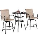 Yaheetech 3Pcs Outdoor Patio Bar Stools Set, Swivel Bistro Chairs with High Back and Armrest and 40.5" Height Metal Square Table All Weather Furniture Set for Cafes Yard Lawn and Garden