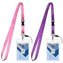 Lanyard Badge Holder, Wisdompro Vertical 2-Sided 2 Card Slot Waterproof Clear PVC ID Badge Holder with Ziplock and 20.8 Inch Heavy Duty Polyester Detachable Neck Strap Lanyard - 2 Set, Pink/Purple