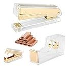 Gold Acrylic Stapler Set Desk Accessory & Decoration Kit for Gift, Stapler with 1000 Pcs Staples and Staple Remover, Tape Dispenser, Gold Stapler Bundle Office Supplies Set