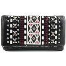 Justin West Checker Embroidery Suede Fringe Western Stud Conceal Carry Shoulder Handbag Purse | Trifold Wallet (Black Pink Wallet Only)