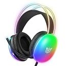 Gaming Headsets with Microphone, PC Wired RGB Rainbow Gaming Headphones for PS4/PS5/MAC/XBOX/Laptop, Lightweight Over-Ear Headphone, Stereo Surround, Auto-Adjust Headband, Black