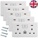 10/5x Double Wall Plug Socket 2 Gang 13A 2 Charger USB Ports Outlets Flat Plate