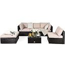 Costway 6 PCS Outdoor Rattan Sofa Set, Cushioned Sectional Set with Seat & Back Cushions, Wicker Rattan Sofa Set Tempered Glass Coffee Table, Furniture Set for Patio, Garden, Lawn, Poolside, Backyard