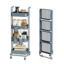 Merapi 4 Tier Foldable Rolling Cart, Metal Utility Cart with Wheels, 3 Hanging Cups and 6 Hooks, Folding Trolley for Living Room, Kitchen, Bathroom, Bedroom and Office, Blue