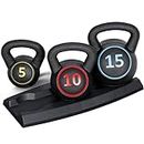 JungleA 3-Piece Kettlebell Set with Rack for Men Women Workout, 5/10/15 lbs Wide Grip Strength Training Kettlebell Set for Home Gym, Exercise Fitness Weight Kettle-bell Sets,Christmas Gifts for Family