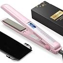 Wavytalk 1 Inch Flat Iron Hair straightener, Negative Ion Hair Straightener with Titanium Floating Plates, Dual Voltage Hair Straightener and Curler 2 in 1, 15 Temp for All Hair Types, Pink