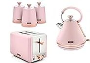 Tower Cavaletto Pink 1.7L 3KW Pyramid Kettle, 2 Slice Toaster & Tea, Coffee & Sugar Canisters. Matching Kitchen Set in Marshmallow Pink & Rose Gold
