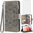 Asuwish Compatible with Samsung Galaxy S21 Glaxay S 21 5G 6.2 inch Wallet Case and Tempered Glass Screen Protector Flower Leather Flip Card Holder Cell Phone Cover for Gaxaly 21S G5 Women Men Grey