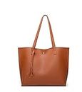 Women's Soft Faux Leather Tote Shoulder Bag from Dreubea, Big Capacity Tassel Handbag, Brown New, Large