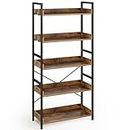 Rolanstar Bookshelf, 5 Tier Bookcase, Industrial Storage Rack with Metal Frame, Free Standing Utility Organizer Shelf Unit for Open Storage, Display and Book Organization in Living Room, Rustic Brown
