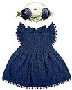 BGFKS Baby Girl Tutu Dress Elegant Lace Pom Pom Flutter Sleeve with Flower Headband Set, Navy, 18 Months