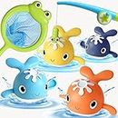 LOYUEGIYO Baby Bath Toys,Magnet Fishing Game Bath Baby Toy for 1-3 4-8 Year Old Toddler Boys Girls,Toys Gifts for Kid,Baby Bathtub Toys 18 Months+,4 Wind-up Whale Water Shower Toy&1 Fishing Pole&1 Net