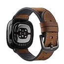 YOOSIDE Leather Watch Strap for Fitbit Versa 4 / Versa 3, Genuine Leather Silicone Hybrid Men Wrist Bands with Stainless Steel Clasp for Fitbit Sense 2 / Sense (Brown)