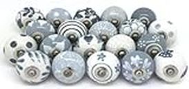 THE HIMALAYA CRAFT Drawer Knobs and Pulls - Vintage Assorted Blue Pottery Ceramic Door Handle for Kitchen Cabinets Home Interior Décor Hardware - Grey - Pack of 15 Knobs