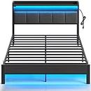 Rolanstar Bed Frame Queen Size with Charging Station and LED Lights, Upholstered Headboard with Storage Shelves, Heavy Duty Metal Slats, No Box Spring Needed, Noise Free, Easy Assembly, Dark Grey