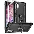 Androgate Samsung Galaxy Note 10+ Military-Grade Case with HD Screen Protectors & Metal Ring Holder Stand - Black