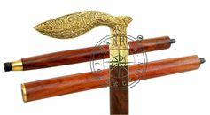 Antique Polished Brass Blade Handle Victorian Vintage Wooden Walking Cane...