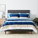 Amazon Basics Lightweight Microfiber Bed-in-a-Bag Comforter 7-Piece Bedding Set, Full/Queen, Blue Stripe, Striped