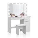 TUKAILAi White Dressing Table Set with Hollywood LED Lights Mirror, Cushioned Stool and 4 Storage Drawers, Vanity Set Makeup Table 4 Drawers for Bedroom Girls Women
