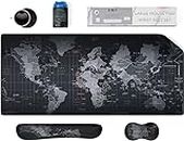 PULAIXIN 5 in 1 Keyboard Mouse Pad Set, Mouse Pad Wrist Support, Extended Gaming Mouse Pad + Keyboard Wrist Rest Support, (34.5×15.7 in) Large Ergonomic Mousepad Desk Mat Combo -Black World Map