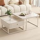 EXPRESSOW ENTERPRISES Marbled Look Square Coffee Table Set, 2 Piece Stackable Center Table Modern End Tables with Storage Drawer and Metal Frame (White)