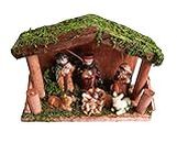 SK Crafts Wooden Handcrafted Wood Hut with Marble Power Made Mary Joseph Baby Jesus Lamb/Nativity Set/Crib Set- 12x15x7 (LxBxH) CM