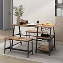 SogesPower Kitchen Dining Table Set for 3,Breakfast Table with 2 Benches, Storage Shelf, Wine Hooks,Dining Table Set for Dining Room Living Room Restaurant, 47” Vintage Brown