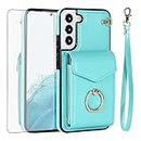 Asuwish Phone Case for Samsung Galaxy S22 Plus 5G Wallet Cover with Tempered Glass Screen Protector and Ring Credit Card Holder Leather Cell Gaxaly S22+5G Galaxies S22plus 22S + S 22 22+ G5 Women Teal