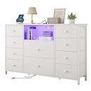 LDTTCUK Dresser with Charging Station and LED Lights, Long Dresser for Bedroom Dresser TV Stand with 10 Drawers, Fabric Chest of Drawers with PU Finish, Wide Dresser Storage Organizer, White