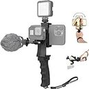 2in1 Ergonomic Portable Action Camera+Smartphone SYN Hand Grip Stabilizer Combo Mount Video Vlogging Rig Holder Kit for GoPro Hero 11 iPhone Interview Travel YouTube Tiktok Streaming-Mic+Light Adapter