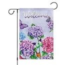 Louise Maelys Welcome Spring Garden Flag 12x18 Double Sided Vertical, Burlap Small Hydrangea Flower Vase Garden Yard House Flags Outside Outdoor House Hello Spring Decoration (ONLY FLAG)