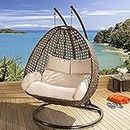 UNIFORT Double Seater Heavy Iron Hanging Golden Color Swing Chair with Tufted Soft Deep Beige Color Cushion & Stand Backyard Relax for Indoor, Outdoor, Balcony, Patio, Home & Garden