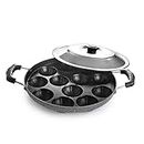 Cello Non-Stick 12 Cavity Grill Appam Patra 2 Side Handle with Stainless Steel Lid | Appam Maker | Appam Patra | Appam pan | Litti Maker | Appe Stand