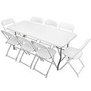 VINGLI 6 FT Plastic Folding Table Set with 8 White Folding Chairs for Picnic, Event, Training, Outdoor Activities, at Home and Commercial Use
