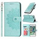 Cavor Wallet Case for iPhone 7 plus, iPhone 8 plus PU Leather Case Magnetic Clasp 3D Embossed Flower Women Flip Folio Kick stand with Card Holder Wristlet Hand Strap Protective Cover for iPhone7plus/ iPhone8plus 5.5'' -Flower Light Green