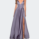 La Femme V-Neck Satin Prom Dress with Lace Up Back - Purple - 2