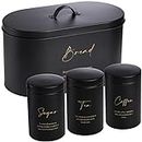 Hacaroa Set of 4 Bread Box and Canister Set for Kitchen Countertop, Metal Bread Bin Sugar Tea Coffee Storage Canister with Lid, Biscuit Tin Set for Loaf, Pastry, Dry Food, Black