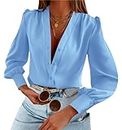 Womens's Business Casual Tops Satin Silk Long Sleeve Button Down Shirts V Neck Chiffon Work Blouses, Blue, Medium