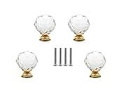 JP Hardware Clear Glass Crystal Diamond Shape Cabinet Knobs/Wardrobe Door Knobs/Cupboard Drawer Pull Handle/Glass Dresser Knobs (Pack of 4_40mm) (Crystal Glass Gold)