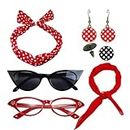JALCH 8-Piece Retro 1950s Polka Dot Costume Accessories Set in Passionate Red and Elegant Black - Ideal for Party Cosplay with Earrings, Headband, Glasses, and More