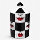 AlphaDesignLuxe Decorative Candle Holder Handcrafted Aromatherapy Candle Jar Italian Designer Décor Fashionable Tabletop Vase Modern Art Female Face Eyes Lips Centerpiece. (Red Lips Black Squares)